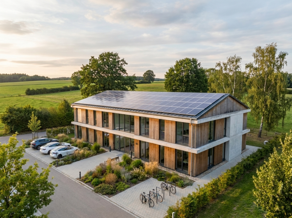 Luftaufnahme eines modernen Büro- oder Gewerbegebäudes mit Holzfassade und großflächiger Photovoltaikanlage auf dem Dach.