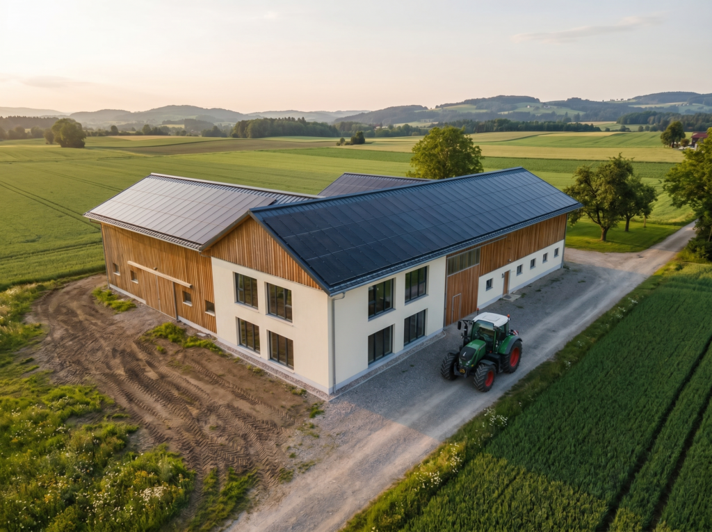 Luftaufnahme eines modernen landwirtschaftlichen Betriebsgebäudes in Holzbauweise mit großflächiger Photovoltaikanlage auf dem Dach. Das Gebäude ist von Feldern und Wiesen umgeben.