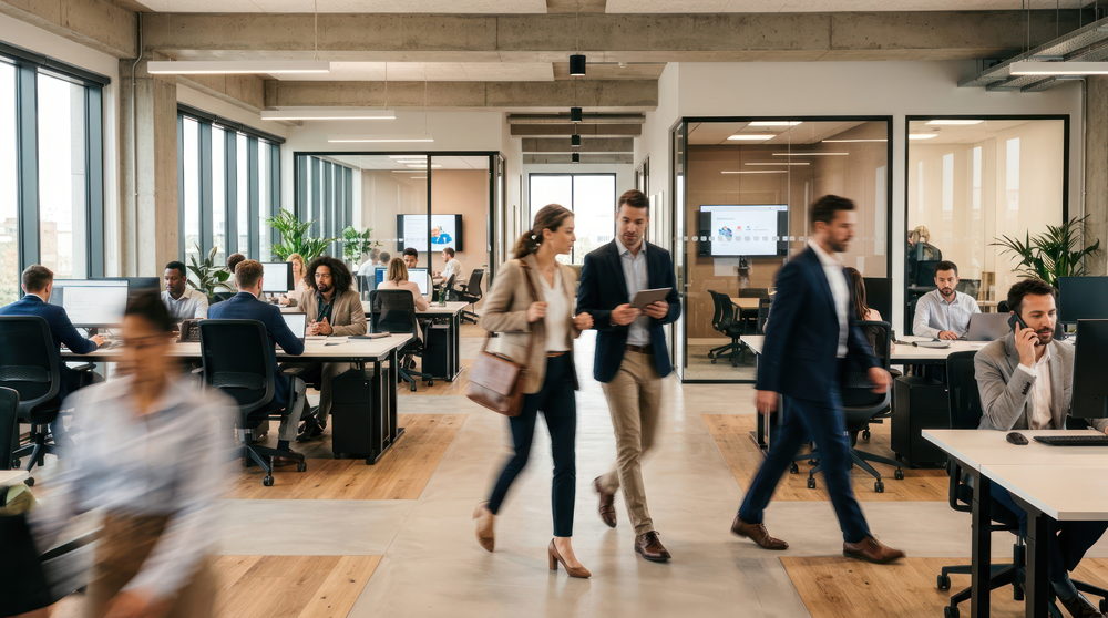 Mitarbeitende gehen zügig durch ein modernes Büro mit Glasräumen und großen Fenstern, während im Hintergrund Kolleginnen und Kollegen an ihren Schreibtischen arbeiten