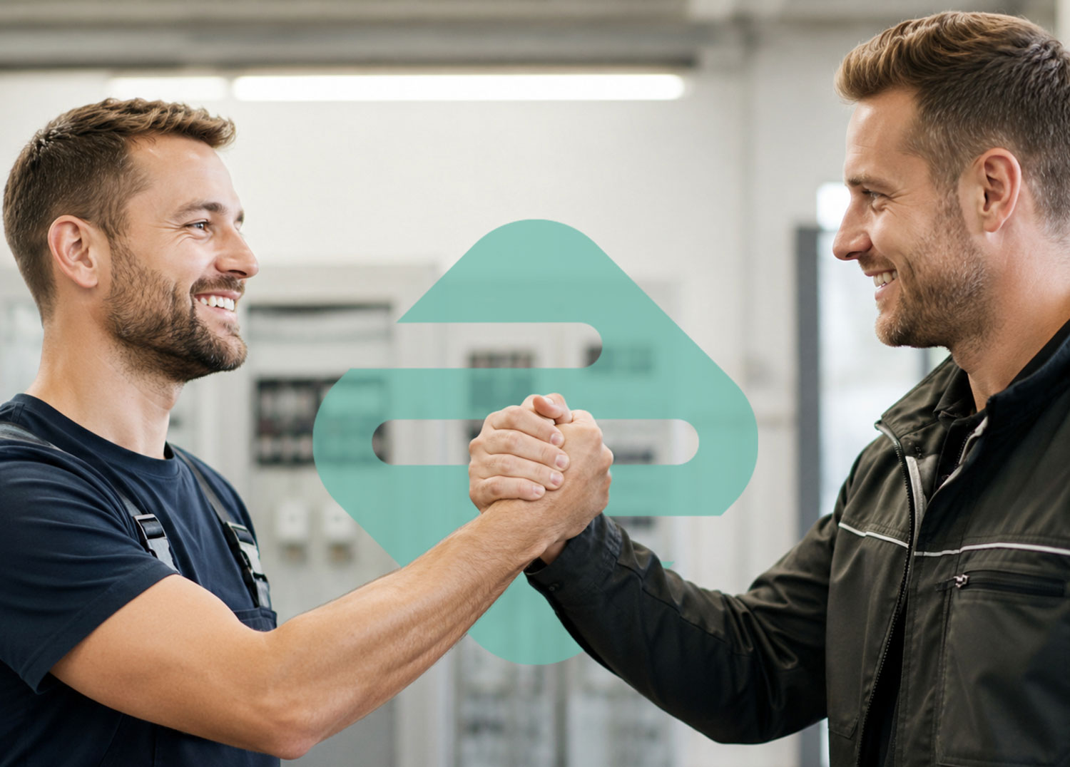 Zwei Arbeiter schlagen vor einem großen Zellhoff-Icon freundschaftlich ein.