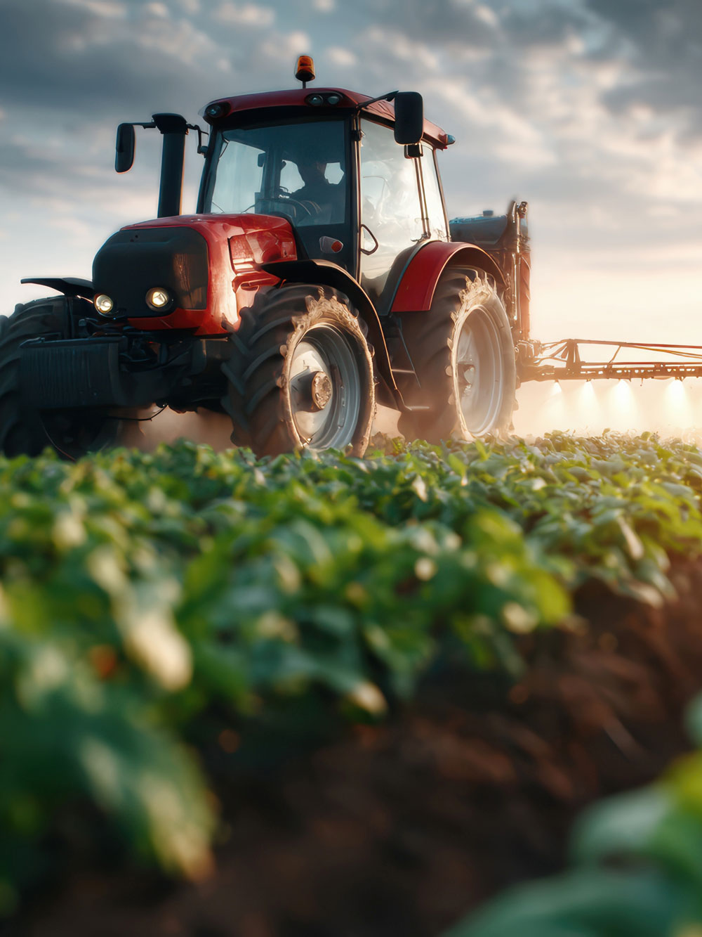 Traktor bewässert auf einem Feld in schöner Abendstimmung
