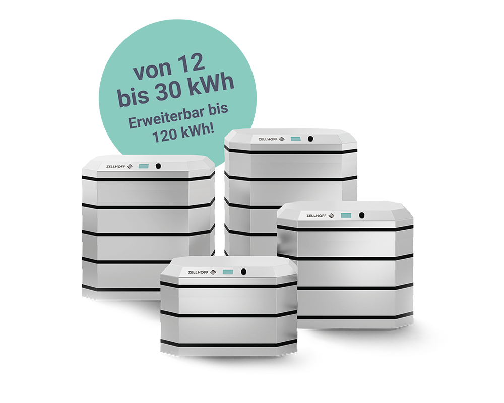 Darstellung mehrerer Batteriespeicheranlagen in unterschiedlichen Größen.