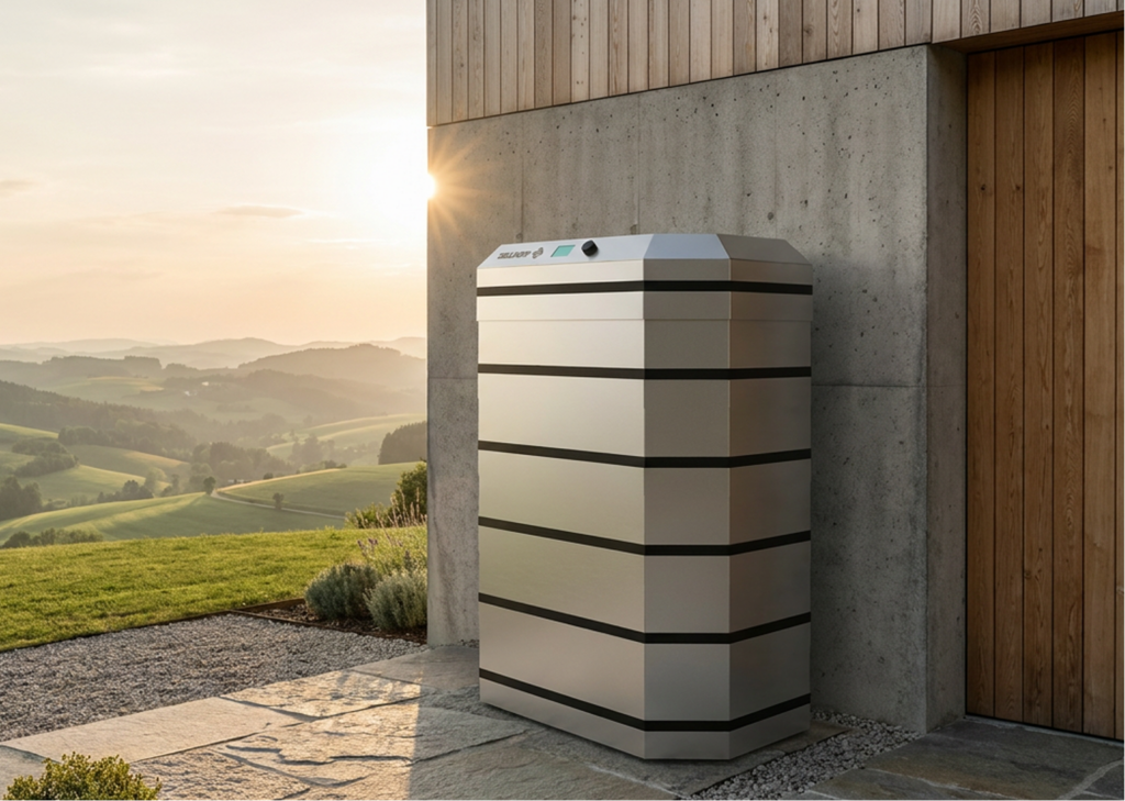 Zellhoff Batteriespeicheranlage aufgestellt an der Außenwand eines Gebäudes.