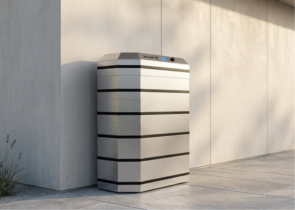 Zellhoff Batteriespeicheranlage aufgestellt an der Außenwand eines Gebäudes.
